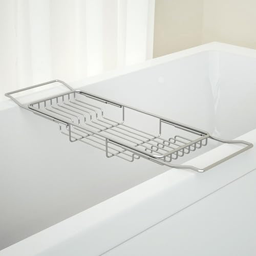 Stainless Steel Bathtub Caddy Tray, Expandable Bath Tub Table, Adjustable Bathroom Tray, Bath Organizer Tub Shelf,Silver,26.8~35.4in