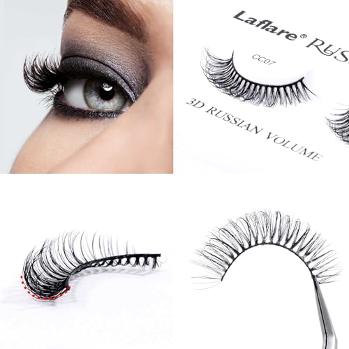 Laflare 3D Russian Volume False Eyelashes - Wispy Faux Mink, 3 Pack