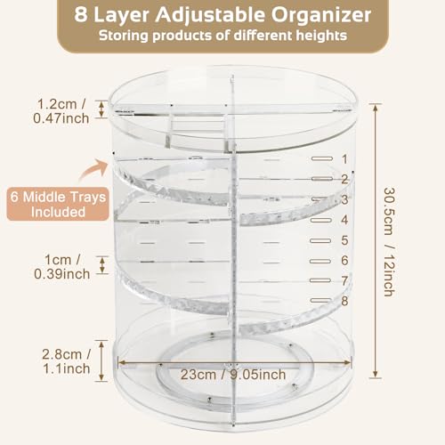 Boxalls Makeup Organizer Rotating Large Capacity, 360 Makeup Carousel with Brush Compartment, Clear Skincare Cosmetic Spinning Organizer with 7 Layers for Countertop Vanity Bathroom Bedroom