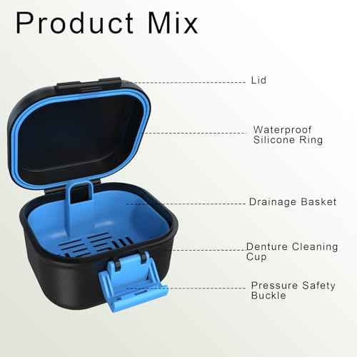 BVN Leak-Proof Denture Case, Denture Cup for Soaking Dentures, Retainer Cleaning Case Black and Bule Dent