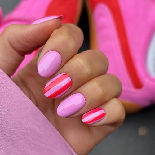 Byeokip Almond Short2 Rose Pink Press On Nails Set - Reusable Fake Nails with Stripe Design, Glossy Finish, 24 Pcs