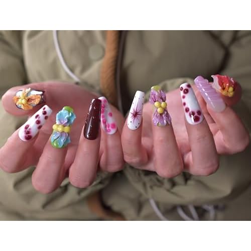 Handmade Press On Nails Long Multicolor 3D Carving Flowers Design 10pcs Hand painted Smudging Glue On Acrylic Fake Nails