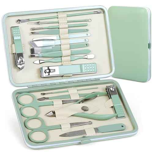 Manicure Set Pedicure Kit Nail Clippers Set Fingernail Clipper Set Ingrown Toenail Nail Kit Scissor Nail Trimmer Kit 18 Pieces Women and Men¡¯s Care Grooming Tools with Fine Case (Tea Green_18 Pieces)