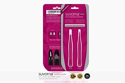 Suvorna Tweezers for women facial hair made with Stainless Steel - 1 Sharp Pointed & 1 Slanted Tweezers for Eyebrow, ingrown hair, Facial Hairs, Eye Lashes & Splinter Remover (4-inch size, Pink)