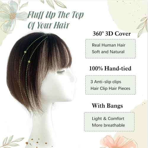 Brown Hair Topper With Bangs Real Human Hair Toppers For Women With Thinning Hair 360¡Æ 3D Cover Hair Pieces with Bangs For Women (12Inch, Brown with Bangs)