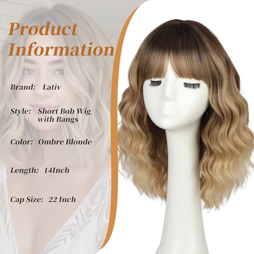 Lativ Blonde Bob Wig with Bangs Short Wavy Curly