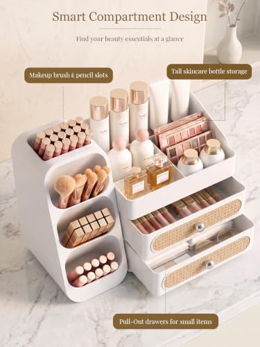 Booklov Large White Makeup Organizer with Drawers & Compartments - Vanity Storage