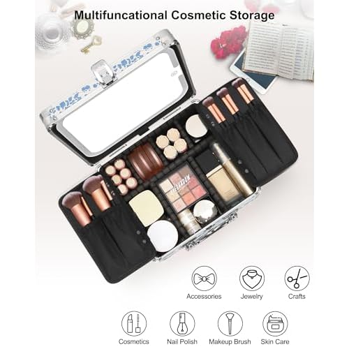 Relavel Makeup Bag with LED Mirror, Makeup Box Travel Train Case with Rechargeable Lighted Mirror, Cosmetic Brush Organizer Storage for Makeup Artists Gifts for Women and Girls, Floral Print