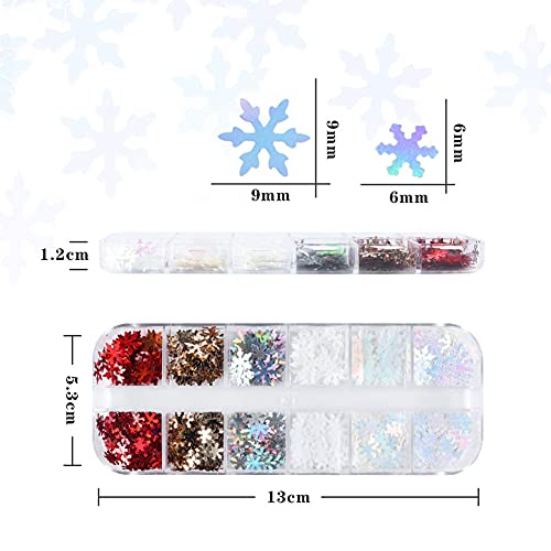 Holographic Snowflake Nail Sequins,3D Snow Flakes Laser Nail Glitter Snowflake Sticker Decals for Acrylic Nails Decorations DIY Christmas Snow Winter Accessories Decals for Women (1 box/12 Grids)