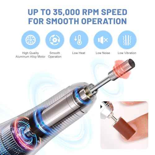 Vrenmol Professional Electric Nail Drill: 35000RPM Rechargeable Nail Drill Machine with Base Portable Nail File with Nail D rill Bits for Remove Gel Dip Acrylic Nails Nail Art Salon Use White