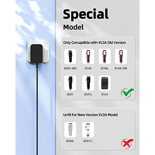 4V Charger Fit for Wahl Cordless Magic Clipper 8148 8164 8591 8509 1919 8591L 8148L 8148-308 08504-400 97225-002 Clip Shaver, AC Adapter Power Cord Supply for S010AZM0400200