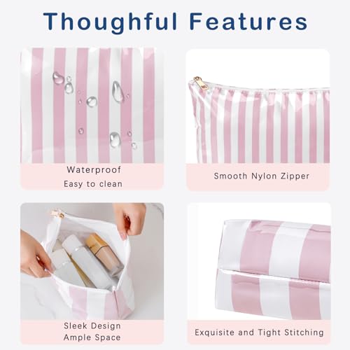 Large PVC Waterproof Striped Makeup Bag,Clear Coated Cosmetic Bags,Easy to Clean,Travel Organizer Zipper Pouch Beach Vacation Essentials for Women Girls(04Pink Stripe)