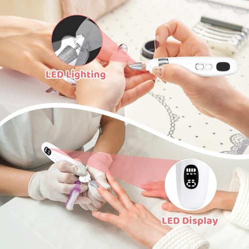 Electric Nail File,10 Speeds Cordless Nail Drill, Portable E Filer for Nails with LED Lighting, Battery Operated Rechargeable Power Nail File, Electric Nail Drill Kit for Thick Toenail Polishing