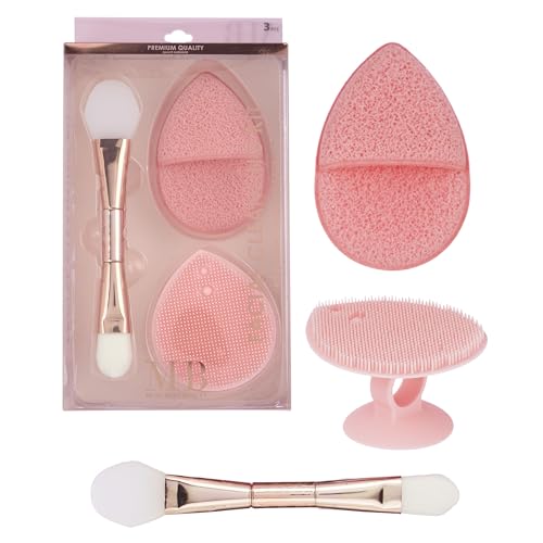 3pc Facial Cleansing Kit - Silicone Face Scrubber, Exfoliating Face Sponge, and Dual Ended Mask Applicator | Esthetician Supplies & Spa Accessories for Women