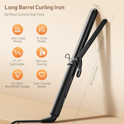 SimerSure Classic Black 1-Inch Ceramic Curling Iron with 12 Temp Settings, Dual Voltage