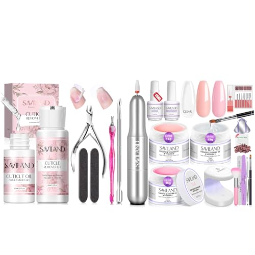 SAVILAND Builder Nail Gel Set with Nail Drill Cuticle Remover Cuticle Oil ? 3 Pcs Hard Gel(VE&VB5&Kerain) Clear Pink Nudes Builder Nail Gel with Lamp Nail Strengthener Gel for Nail Extension