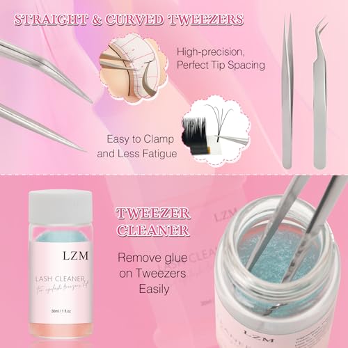 LZM Eyelash Extension Kit for Beginners, Lash Extension Supplies Tech Starter Kit with Everything Tools Stuff Set 1-2S Srtong Hold Glue,Lash Mannequin Head, Remover, Precision Tweezers for Practice