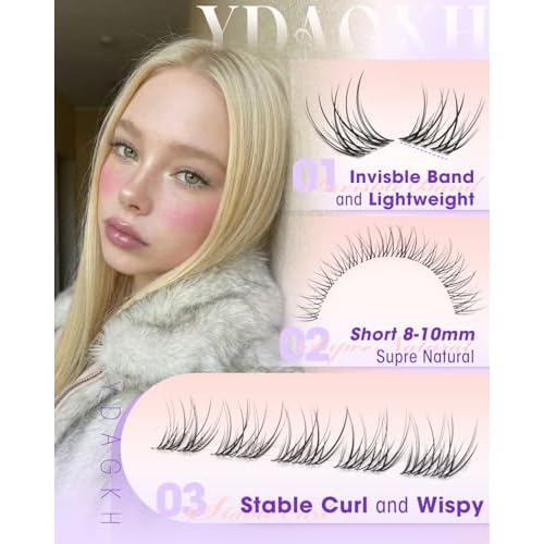 Short Lash Clusters Kit 8-9-10mm Velure Natural Eyelash Clusters Kit Clear Band Wispy Cluster Eyelash Extensions CC Curly Invisible Individual Lashes with Clear Lash Bond and Seal for Beginner Daily
