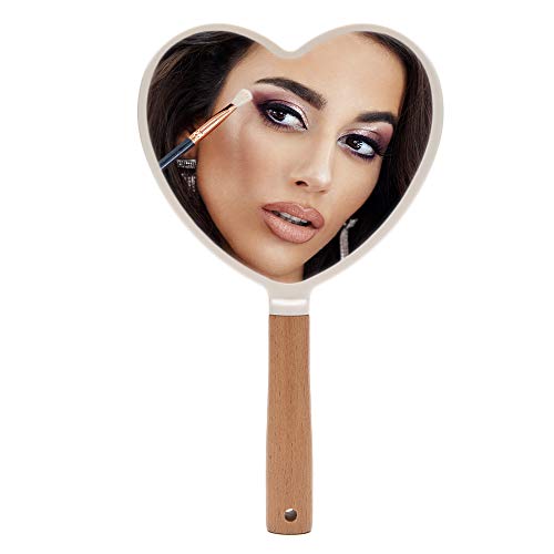 YEAKE Heart-Shaped Hand Held Mirror with Wooden Handle - Travel Vanity Mirror for Men & Women, 9 x 5.5 Inches, White & Heart