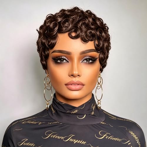 Short Curly Pixie Cut Human Hair Wig #4 Chocolate