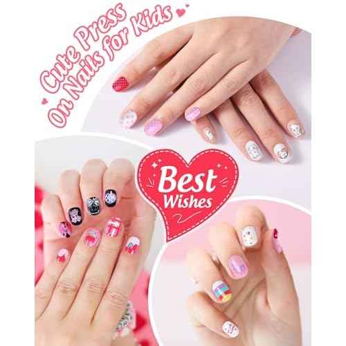 120PCS 5 Pack Press on Nails for Kids,Tweens Girls Soft Fake Nail Kit, Reusable Creative Design kids Nails, Full Cover Glitter Stick on Nails Girl Nails for Kids Ages 8-12