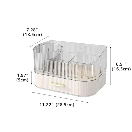 Makeup Organizer with Stackable Drawer, 360 Rotating Makeup Brush Holder, 11-inch Wide Large Cosmetic Display Case, Skincare Organizers and Storage for Dresser, Vanity, Bathroom Countertop