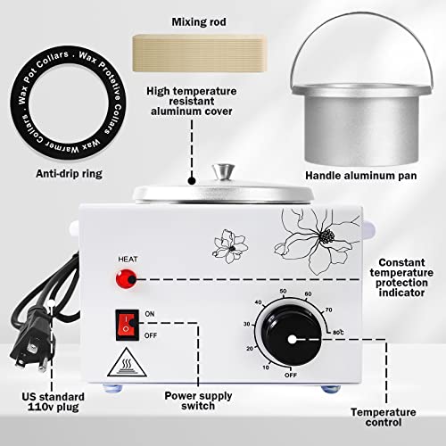 600ML Wax Warmer for Hair Removal, Professional Waxing Heater Pot with Adjustable Temperature for Women Men, with 20 Wooden Wax Sticks