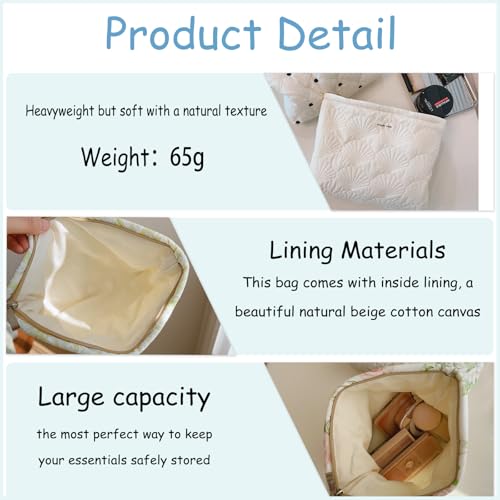 Quilted White Cotton Makeup Pouch - Floral Toiletry Bag for Women