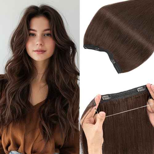 Rich Choices 100% Real Human Halo Hair Extensions for Women Remy Halo Extension Invisible Wire Hairpiece Clip in One Piece Hairpiece Upgrade Adds Weight 100g 20 Inch #02 Dark Brown