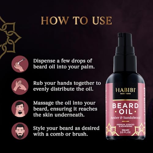 H HABIBI Amber & Sandalwood Beard Oil ? 2.0 Fl. Oz Naturally Derived Beard Growth Oil for Men, Beard Care Essential ? Hydrates, Nourishes & Promotes Healthy Growth, Made in USA