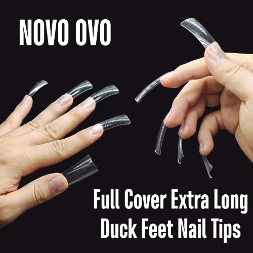 NOVO OVO Duck Nail Tips Full Cover Kit, Clear Soft Gel Flare Feet Nails Press On for Acrylic, Extra Short + Medium +Extra Long Full Cover (each1 box of 120 pcs) Flase Nail Tips