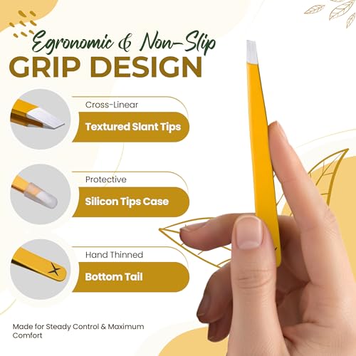 Professional Slant Tip Eyebrow Tweezers for Women & Men ? Precision Hair Removal Tool ? Stainless Steel Tweezers for Eyebrow Shaping, Facial Hair, Ingrown Hair & Splinter Removal (Golden Glow)