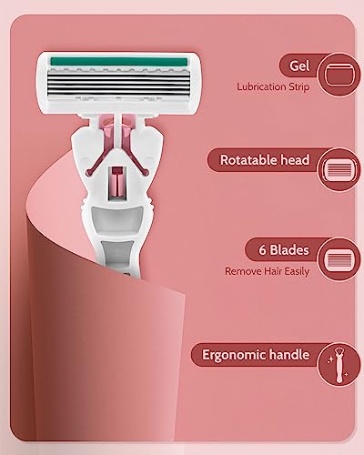 6-Blade Women's Shaving Razors with Travel Razor & 12 Refills