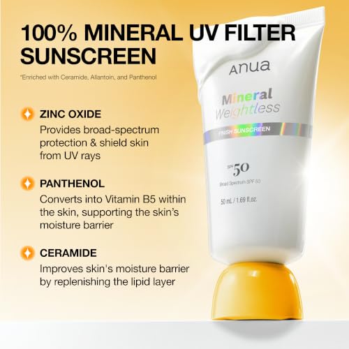 ANUA Mineral Weightless SPF 50 Sunscreen - Fragrance-Free, Travel Size 1.69 fl oz, Original