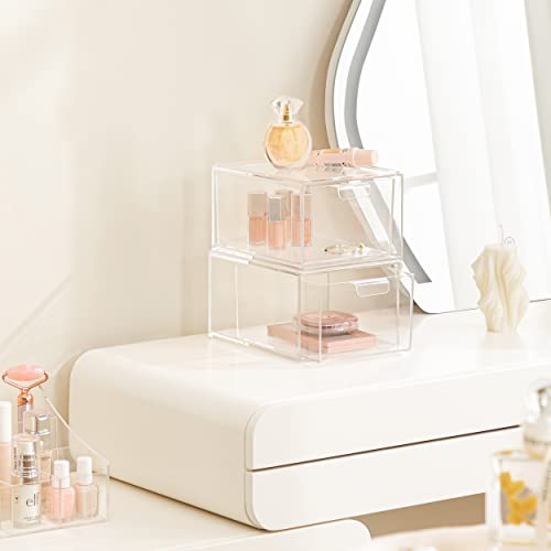 HBlife Pack of 2 Stackable Makeup Organizer Drawers Clear Plastic Bathroom Organizers Cosmetic Container Organization and Storage Bins for Vanity