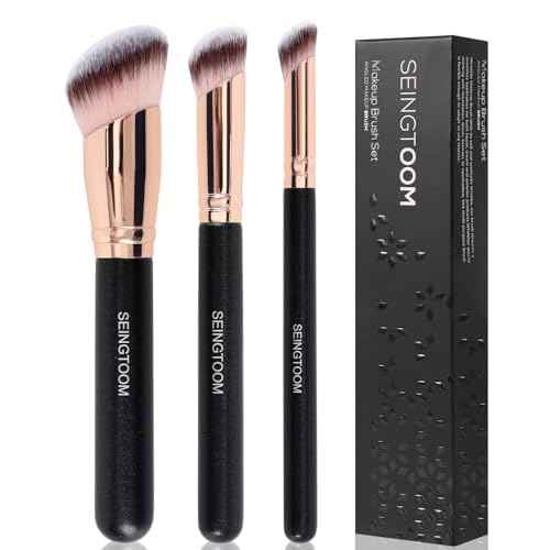 Angled Foundation Brush Contour Conceal Brush Set, 3Pcs Angled Synthetic Kabuki Makeup Brush for Face Blush Bronzer Travel Buffing Stippling Contour Powder Liquid Blending