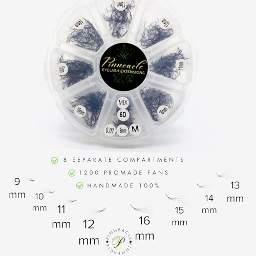 M curl 1200 Promade volume fans eyelash extension 8 sizes-in-1 round mixed box - 6D Premade fans 9-16mm, 0.07 - Pinneacle Lash Supply For Professional Lash Artists - Made in Vietnam (M curl)