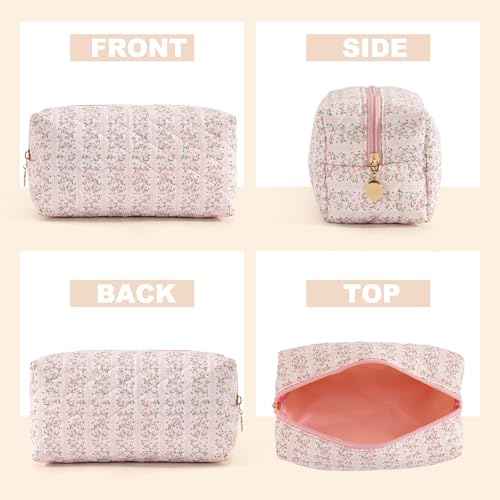 Makeup Bag Travel Toiletry Bag for Women, Small Cosmetic Bags Cute Quilted Cotton Makeup Pouch for Purse Emergency Bag for School Floral Pencil Case Accessory Bag, Pastel Pink