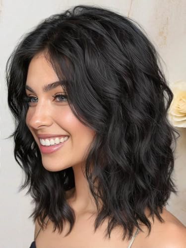 AISI HAIR 14-Inch Natural Black Wavy Bob Wig – Heat-Resistant