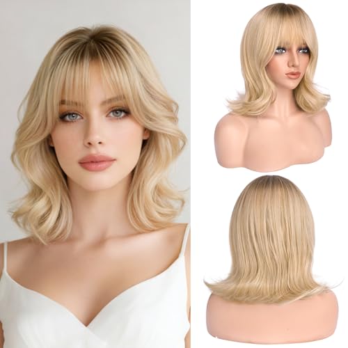 Haloo Blonde Bob Wig with Bangs 14 Inch Shoulder Length