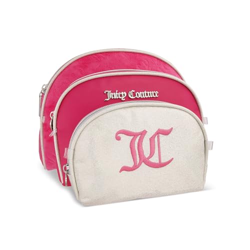 Juicy Couture White Pink Makeup Bag Cosmetics Organizer Travel Essentials Clutch Coin Purse Textured Three Piece Set