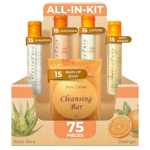 Terra Pure Wild Citrus Toiletries Set | 1-Shoppe Amenities Kit | 1oz Shampoo, Conditioner, Body Wash, Lotion, 1oz Bar Soap | 75 Pieces
