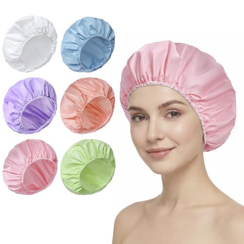 Reusable Waterproof Shower Cap for Women - Solid, 6 Pack, Elastic Fit