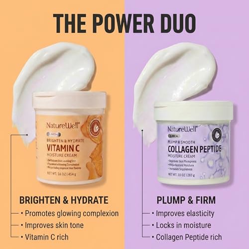 NATURE WELL Clinical Vitamin C 16oz & Collagen Peptide 10oz Moisturizing Cream Bundle for Face, Body, & Hands, Plump & Nourish, Brighten & Smooth, Provides Intense Hydration For Dry & Dull Skin