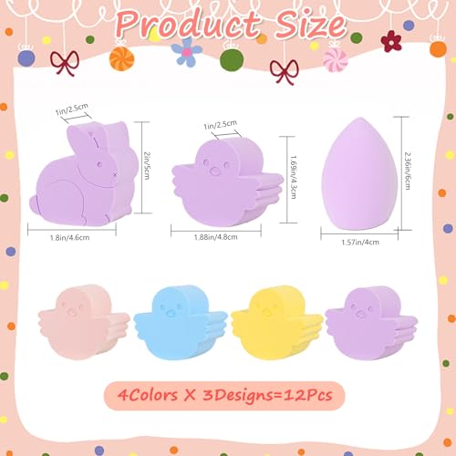 Easter Makeup Sponge Set - 12 Pcs Bunny Chick Egg Shape Makeup Blender, Soft Latex-Free Beauty Sponge for Foundation, Powder & Cream, Wet/Dry Use, Gentle Easter Presents for Women & Makeup Lovers