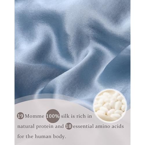 100% Mulberry Silk Bonnet for Sleeping Women Double Layer Silk Hair Bonnet Natural Silk Sleep Cap with Elastic Reversible Hair Wrap (Haze Blue + Sky Blue)