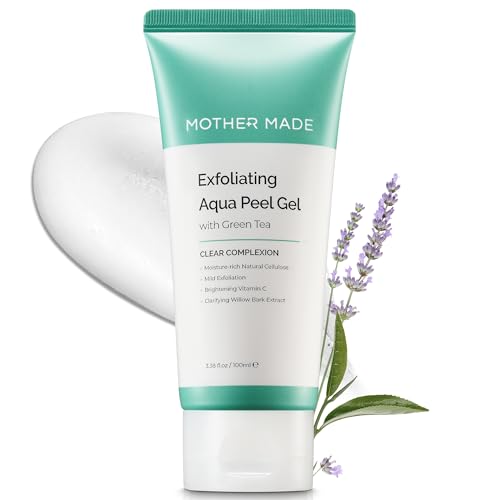 MOTHER MADE Exfoliating Vegan Facial Peeling Gel with Green Tea, Vitamin E, Hyaluronic Acid, 3.38 fl. oz.| Gentle Natural Face Scrub Exfoliator, Cleansing, Physical Peel, Korean Skincare