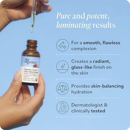 Sky Organics - Organic Castor Glass Skin Serum (1 fl oz/30 mL) Dermatologist Tested Natural Face Serum - Organic Castor Oil for Face, Neck, Chest - Jojoba Oil - Vegan, Cruelty Free, Beauty, Skin Care