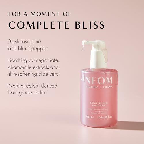 Neom Complete Bliss Hand Wash, 300ml | Blush Rose, Lime & Black Pepper I Natural colour derived from gardenia fruit I 100% Recyclable Bottle I Refillable