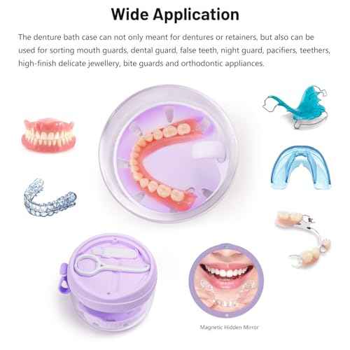 Denture Case with Strainer and Mirror, Leak Proof Denture Bath Cup for Travel, Purple Denture Container Cups for Soaking Full & Partial Dentures, Retainers with Denture Brush, Aligner Removal Tool